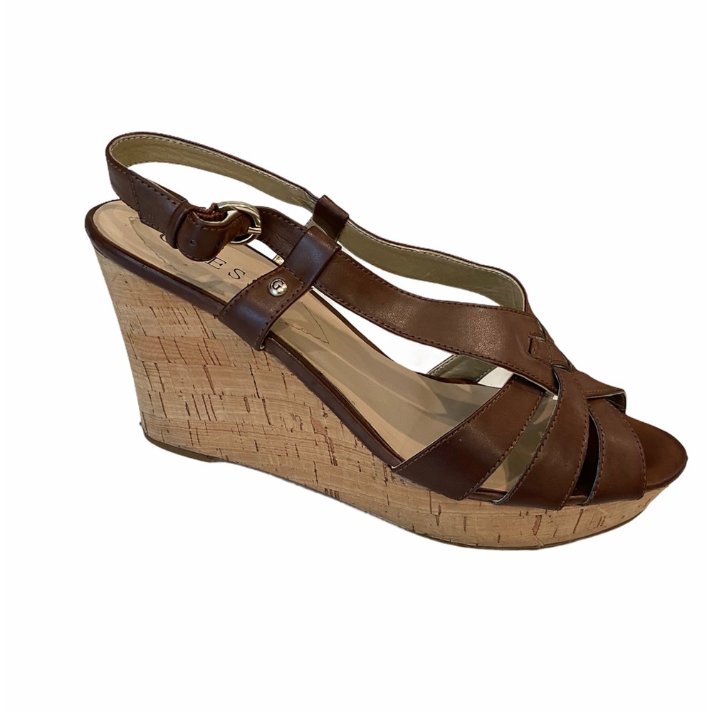 Guess Brown Cork Wedges Sandals Shoes 8.5 Peep Toe